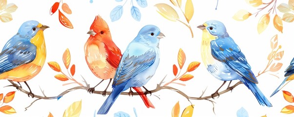 Artistic watercolor birds and foliage on white backdrop.