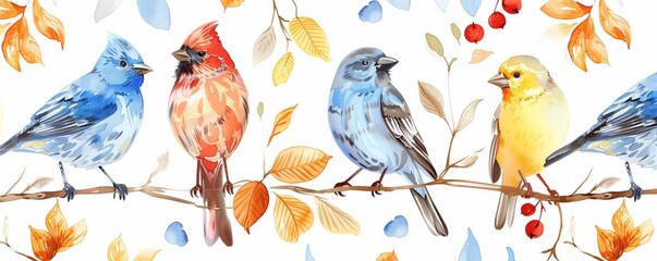 Artistic watercolor birds and foliage on white backdrop.