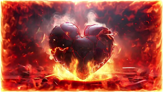 Heart engulfed in flames with molten lava effect and fiery background, symbolizing intense passion and energy. Love and fire concept