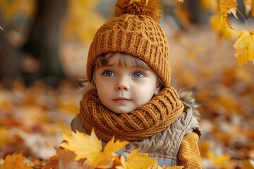 Fototapeta premium A thoughtful toddler in a knit hat and scarf stands amongst a backdrop of colorful autumn leaves
