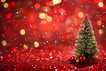 Naklejka premium Christmas background with a xmas tree, sparkle bokeh lights on red canvas. Merry Christmas card. Winter holiday theme with Happy New Year. Space for text.