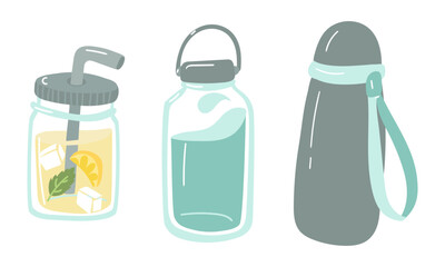 Set of reusable water containers. Water bottle, a cocktail with straw, cold preservation, environmental friendliness and style. Healthy lifestyle, maintaining the body's water balance, ecological use.
