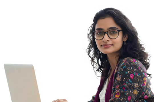 Isolated Young Indian Woman With Glasses Working On Laptop Against A Transparent Background