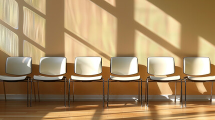A row of white chairs are sitting in a room with a tan wall