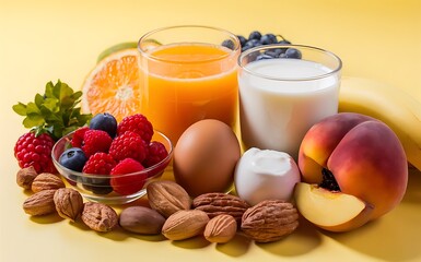 Orange juice fresh berries milk yogurt boiled egg nuts fruits banana peach for breakfast on yellow background