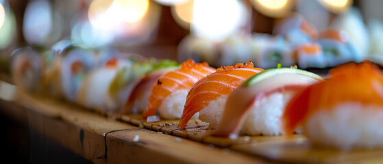 A close-up view of assorted sushi pieces on a wooden serving tray with a blurred bokeh effect in the background.