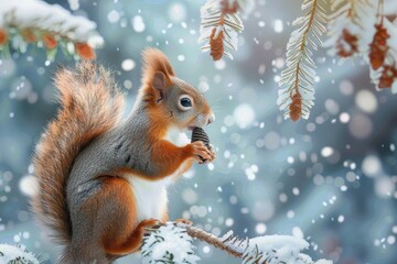 A red squirrel perches on a snowy branch, nibbling on a pine cone amidst a soft-focus winter background