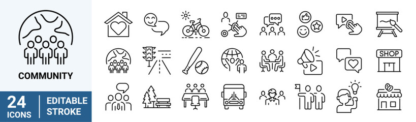 Community line web icons. Containing people, friendship, social, diversity. Editable Stroke.