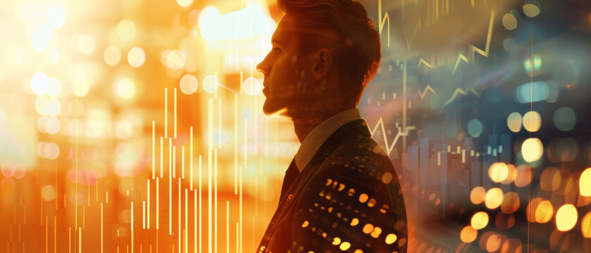 A silhouette of a man in a suit, reflecting on city lights and graphs, symbolizing financial analysis and business insights.
