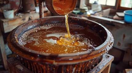 Golden honey pours into a large vat in a rustic setting, capturing the rich, viscous flow of the sweet liquid. The scene highlights the artisanal process of honey extraction.