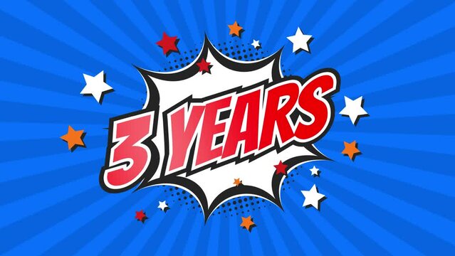 3rd third anniversary - 3 three years birthday. Animated text on pop colorful background with rotating rays.