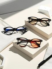 Stylish eyeglasses with colored lenses, modern fashion eyewear, chic sunglasses display, trendy...