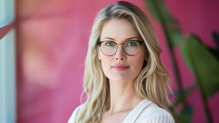 Fototapeta premium Confident blonde businesswoman wearing glasses standing against pink background