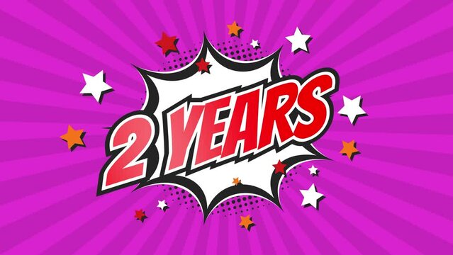 2nd second anniversary - 2 two years birthday. Animated text on pop colorful background with rotating rays.