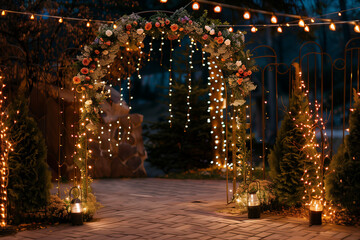 Beautiful wedding arch adorned with retro lights and night flowers, perfect for newlyweds' night reception photography.