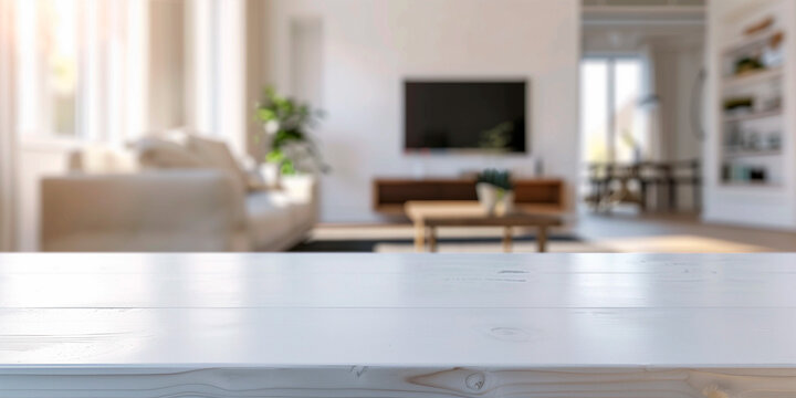 frontal view shot of empty white table in living room,  white blurred living room with tv and furniture in the background