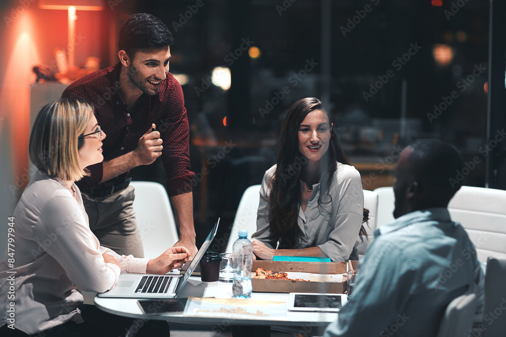 Poster Business people, laptop and discussion for project at night in office, creative agency and overtime food for design. Teamwork, support and problem solving in pizza meeting for deadline and planning