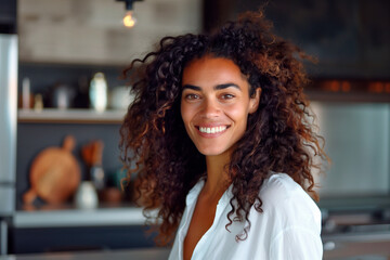 Fototapeta premium Woman with curly hair smiling in a modern kitchen