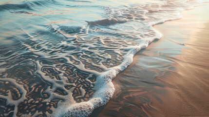 Serene ocean waves gently washing onto a sandy beach at sunset