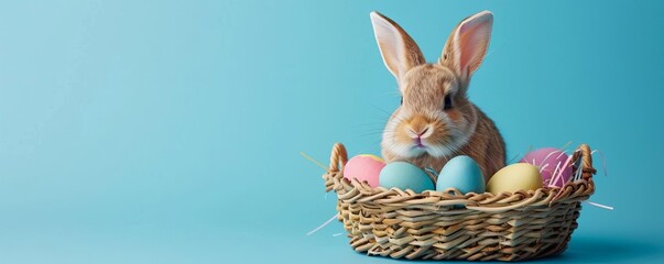 Cute Easter bunny sitting in a basket with colorful eggs on a blue background