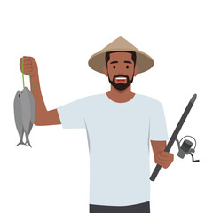Happy young bearded fisherman on the beach holding his catch fish. Flat vector illustration isolated on white background