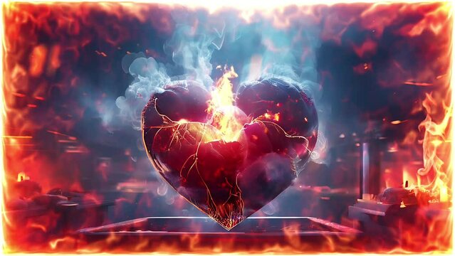 Fiery heart with explosive flames and molten cracks, surrounded by a dramatic fiery background. Passion and intensity concept