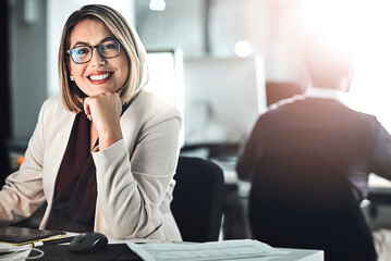 Woman, portrait and happy with thinking in office for web design planning and research for creative...