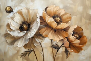 An oil painting of large brown and cream poppies on a beige background.