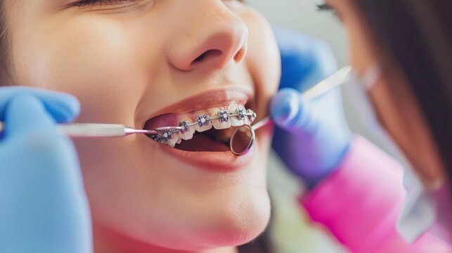 A closeup photo of a teenager with braces receiving a dental examination from a dentist. The focus is on the dentists hands as they work on the girls teeth