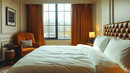 A bedroom with a large bed, a television, and a plant. The room is bright and inviting, with a sense of relaxation and comfort