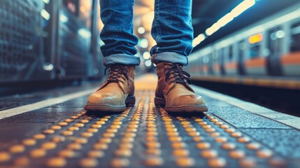 A closeup view of a young commuters feet standing on a platform edge, his brown boots tapping lightly as he waits for the train