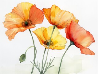 Fototapeta premium A watercolor sketch featuring vibrant orange and yellow poppies against a pristine white background.