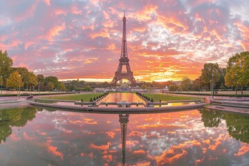 Eiffel Tower in Paris is illuminated at sunset, creating a beautiful spectacle