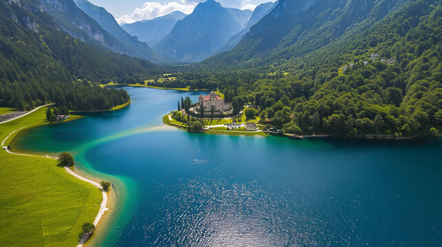 Aerial view of Lago del Predil in Italy surrounded by mountains