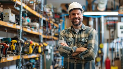 An electrician stands confidently in his workshop, surrounded by a variety of tools and equipment. He is wearing a hard hat and a plaid shirt
