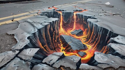 3D street art illusion depicts a cracked road revealing a fiery underground chasm filled with molten lava. The realistic drawing creates a dramatic and dangerous visual effect on the pavement.