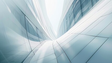 A minimalist abstract photograph capturing an overhead view of a modern buildings white, curved facade. The design is sleek and technological, creating a sense of movement and depth