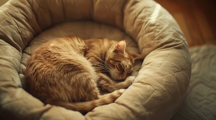 A close-up photo of an empty cat bed bathed in soft, warm light, creating a sense of loss and absence