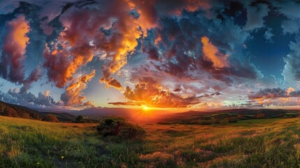 A panoramic photograph capturing a breathtaking sunset over rolling hills, with fluffy clouds painting the sky in vibrant hues of orange, pink, and blue