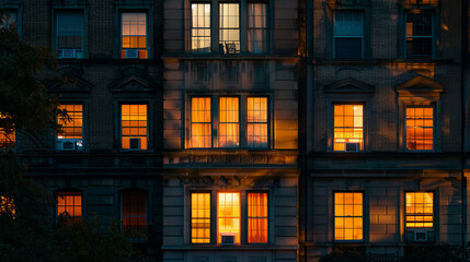 Apartment building windows lit up at night off Madison Street