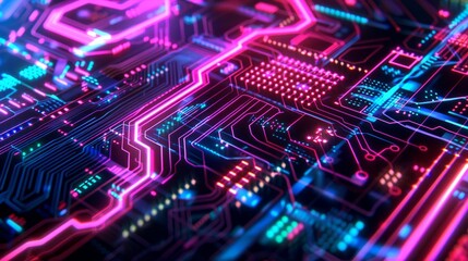 A close-up shot of a futuristic circuit board with bright neon pink and blue lights highlighting the intricate network of pathways