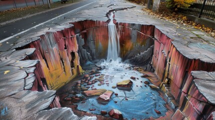 3D street art mural on a sidewalk creates the illusion of a deep canyon with a waterfall.