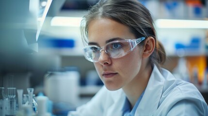 Fototapeta premium A laboratory technician wearing safety goggles works diligently at her workstation in a modern laboratory setting