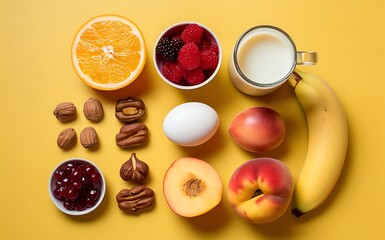 Orange juice fresh berries milk yogurt boiled egg nuts fruits banana peach for breakfast on yellow background