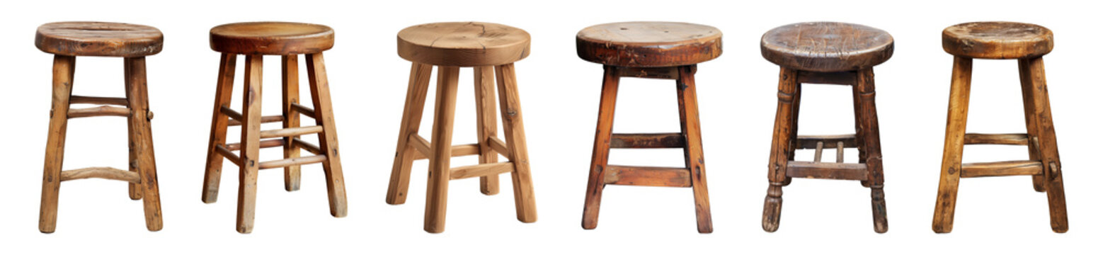 collection of wooden stool chairs isolated on a transparent background, equipment, furniture, home decoration, interior decoration, cut-out, PNG