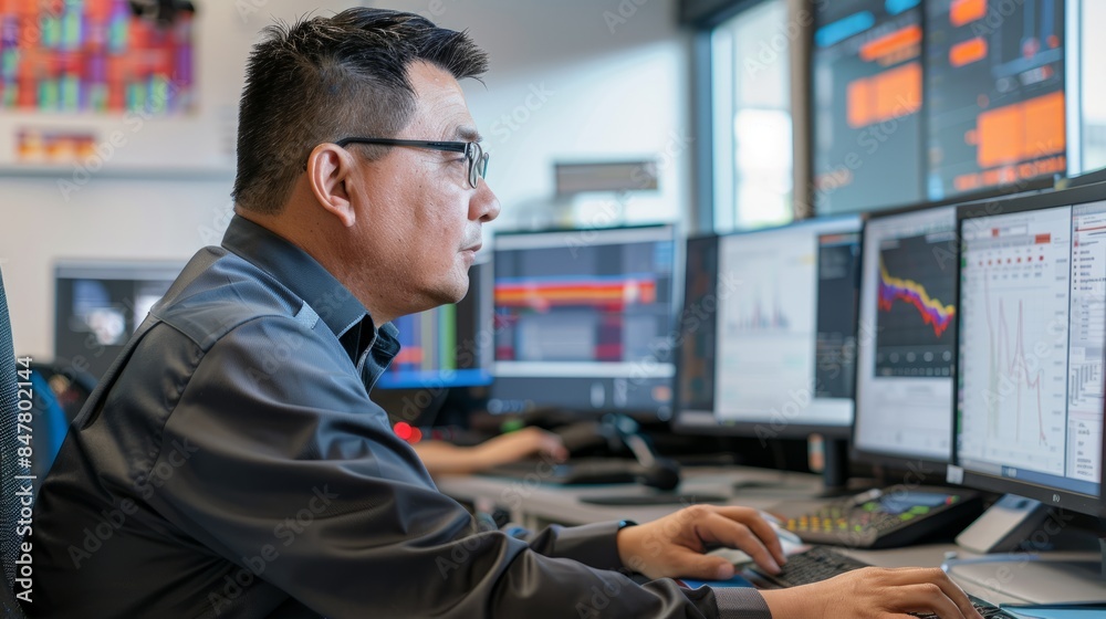 Poster a data privacy officer conducts an audit of security protocols, reviewing data displayed on multiple
