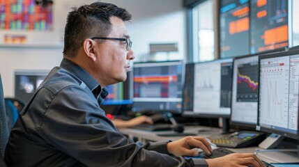 A data privacy officer conducts an audit of security protocols, reviewing data displayed on multiple computer monitors