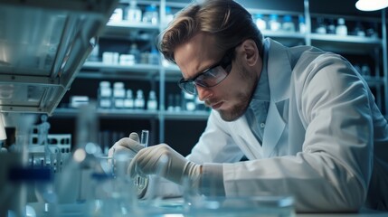 A laboratory technician diligently works in a laboratory, focusing intently on a test tube in his gloved hands