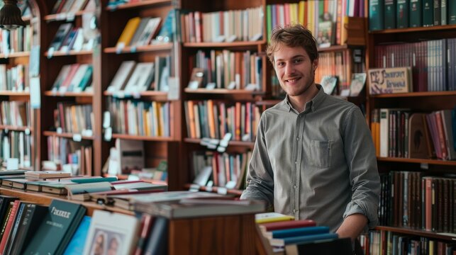 A bookstore owner stands behind a wooden counter in their bookstore, surrounded by shelves filled with books