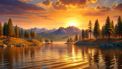 Beautiful sunset in lake with hills and pine trees - Powered by Adobe